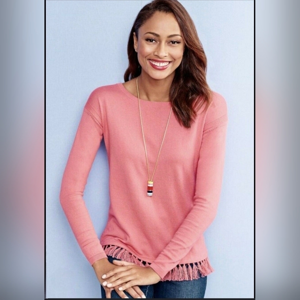 Talbots Womens Feminine Boho Relaxed Fit Pink Tasseled Blend Sweater Size Medium - Picture 3 of 9